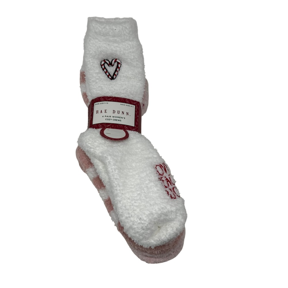 Rae Dunn 4 Pair Cozy Crew Socks Size 9 Pink White Holiday Christmas Candy Cane